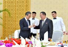 China's state councillor Wang Yi attends a meeting with North Korea's Foreign Minister Ri Yong Ho in Pyongyang in this photo released by North Korea's Korean Central News Agency (KCNA) in Pyongyang on May 3, 2018. PHOTO BY REUTERS/KCNA