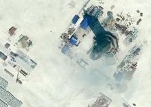 An octagonal tower with a conical feature at its top, located on the northeast side of Subi Reef was nearly complete measuring 40 feet on each side and 90 to 100 feet tall in this Center for Strategic and International Studies (CSIS) Asia Maritime Transparency Initiative, January 8, 2016. PHOTO BY REUTERS/CSIS