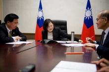 Taiwan's President Tsai Ing-wen speaks on the phone with U.S. president-elect Donald Trump at her office in Taipei, Taiwan, in this handout photo made available December 3, 2016. Taiwan Presidential Office/Handout via REUTERS