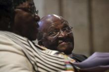 Archbishop Desmond Tutu and his wife Leah share a moment shortly before renewing their vows as they celebrate their 60th wedding anniversary in Cape Town, South Africa, July 2, 2015. PHOTO BY REUTERS/Mark Wessels