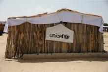 A banner with the UNICEF logo is seen hanging on a makeshift school at an internally displaced persons (IDP) camp on the outskirts of Maiduguri, northeast Nigeria, June 6, 2017. PHOTO BY REUTERS/Akintunde Akinleye