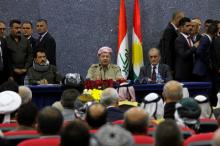 Iraqi Kurdish President Masoud Barzani sits with Kirkuk Governor Najmaldin Karim (R) during his visit in Kirkuk, Iraq, September 12, 2017. PHOTO BY REUTERS/Ako Rasheed