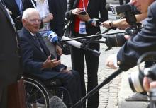 German Finance Minister Wolfgang Schaeuble talks with reporters as he arrives for the G7 Financial ministers meeting in the southern Italian city of Bari, Italy, May 12, 2017. PHOTO BY REUTERS/Alessandro Bianchi